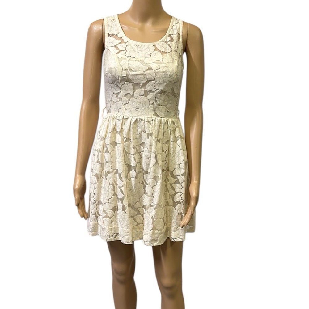 Just Ginger Cream Lace Overlay Skater Exposed Zipper Sleeveless Mini Dress M